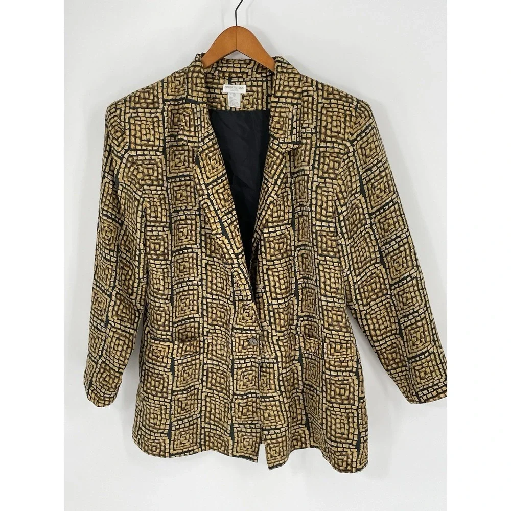 Robert Stock Limited Medium Womens‎ 100% Silk One Button Blazer Geometric Print